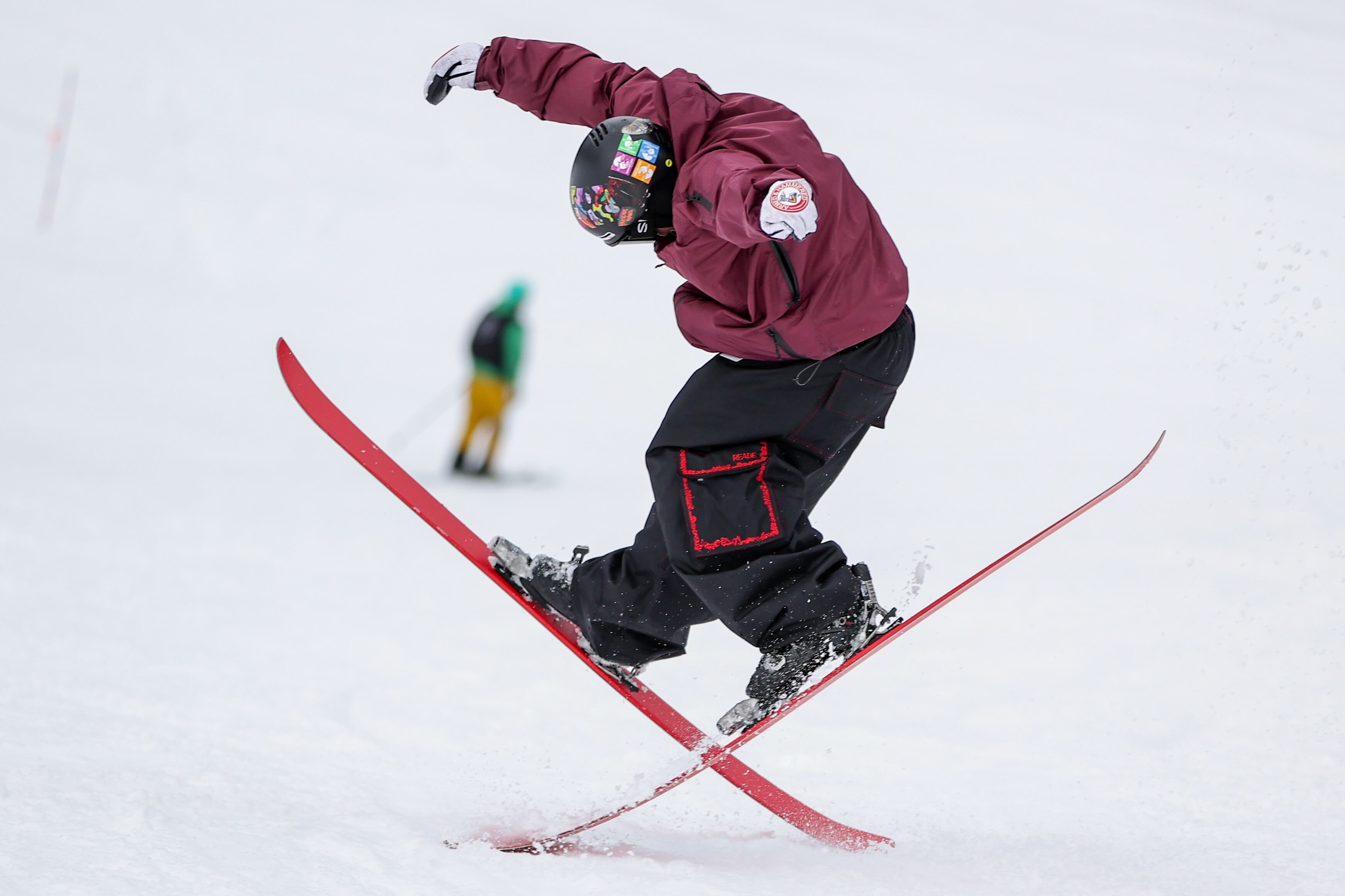 Crossing skis in Max Reade's baggy ski pants.