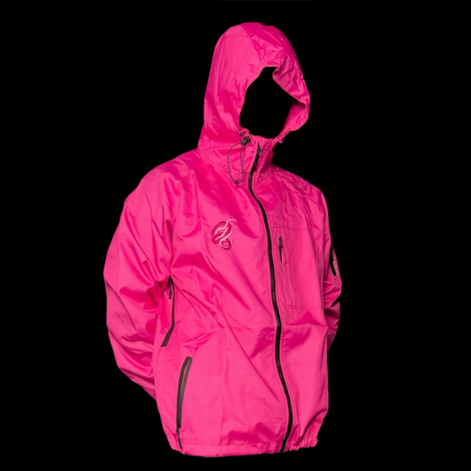 Pink jacket with a brand logo on a black background